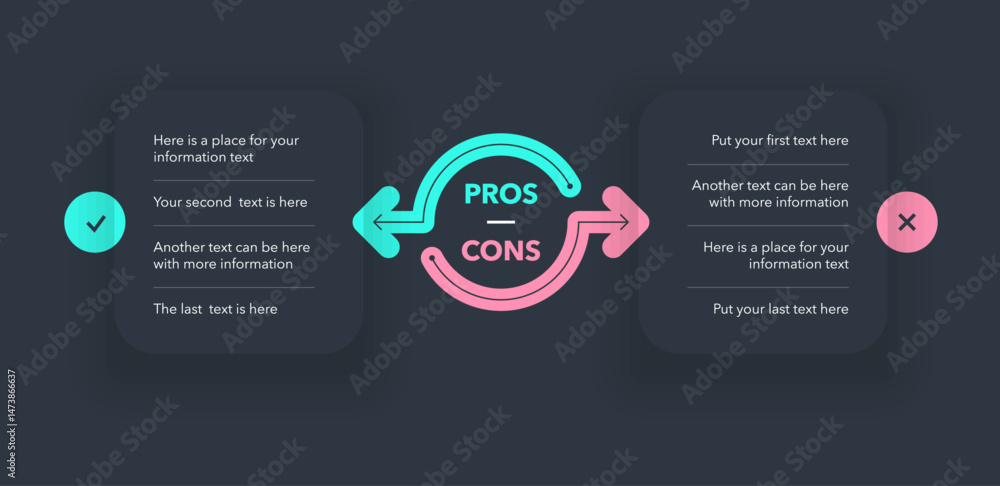 Aufkleber pros and cons diagram with place for your content - dark version. simple flat template for positive 