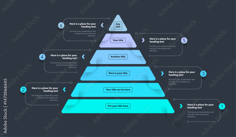 Poster triangle pyramid chart template with six colorful stages - dark version. infographic diagram divided