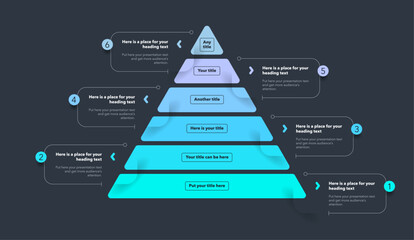 Triangle pyramid chart template with six colorful stages - dark version. Infographic diagram divided into six options with numbers.