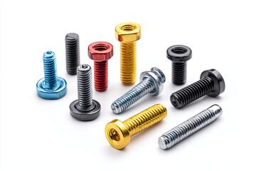 Collection of colorful metal screws and bolts arranged on white surface, showcasing various sizes and finishes with bright and clean appearance