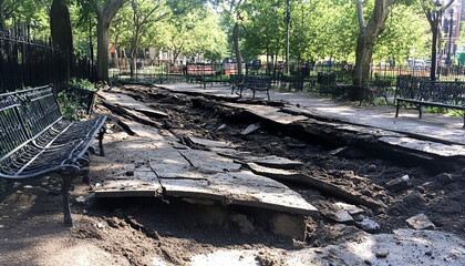 Photo of large cracks in a park sidewalk caused