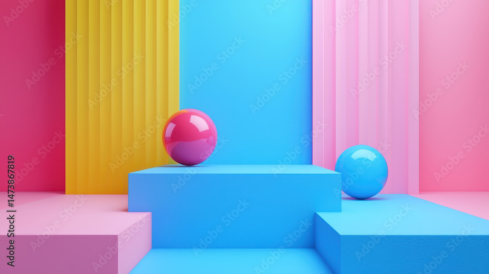 Poster a vibrant 3d geometric background featu a balanced arrangement of colorful platforms and spheres, re