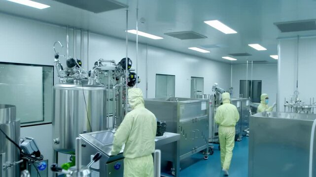 Advanced Scientists or Technicians in Sterile Suits Uniform Check Data on Personal Computer or control panels. They Work in Pharmaceutics biopharmaceuticals biotechnology Laboratory workshop