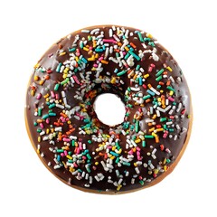 A chocolate frosted donut covered in colorful sprinkles, isolated on a clean white background