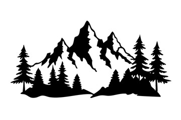Mountain Landscape Silhouette with Pine Trees, Majestic Mountain Scene, Pine Tree Silhouette, Rugged Terrain Art, Transparent Background
