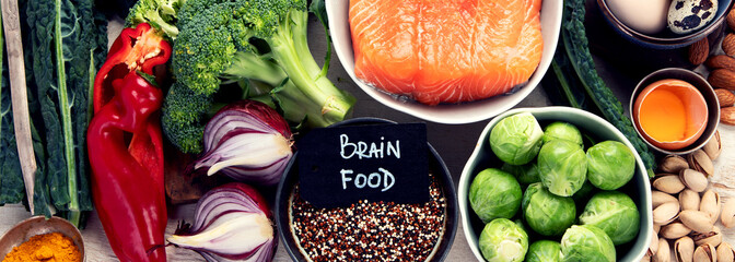 Food products representing the MIND diet, brain health.