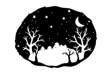 Night Sky Silhouette with Trees and Stars, Starry Night Landscape, Tree Silhouette Against Starry Sky, Transparent Background