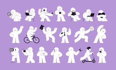 Cute funny cloud characters set. Whimsical quirky abstract creatures reading book, working on laptop, searching, exercising, walking, cycling, with coffee and phone. Isolated flat vector illustrations