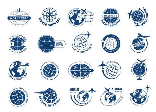 Shipping service. Worldwide delivery badges with place for text and earth globe templates recent vector illustrations for dellivery business