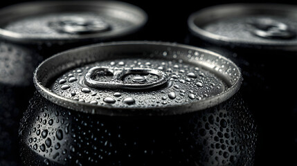Icy Aluminium Cans Refreshing Water Droplets Cold Beverage Container Sparkling Condensation Thirst Quenching Drink Metallic Texture Cool Refreshment Detailed Surface
