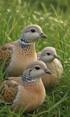 Obraz premium Intimate portrait of European turtle doves in lush grass, delicate details visible, pair, summer, love