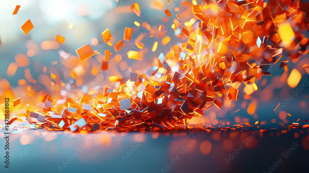 Poster a realistic 4k 3d background showcasing fragmented orange graphics with scattered particles and boke