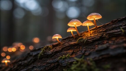 Small glowing mushrooms grow on a mossy log in a dark, enchanting forest, illuminated by warm,...