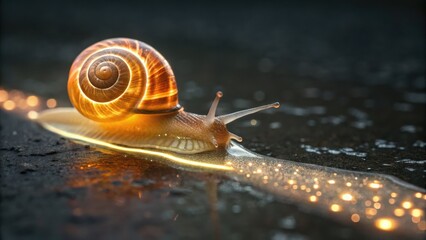 A glowing snail with an illuminated shell leaving a sparkling trail on a dark, wet surface.