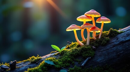 A cluster of glowing mushrooms grows on a mossy log in a forest, illuminated by gentle sunlight through the trees.