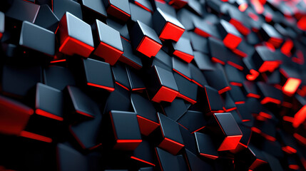 Fototapeta premium A realistic fragmented expression in 4K depicts an abstract 3D background with interlocking black and red cubes, a modern design with a geometric feel.