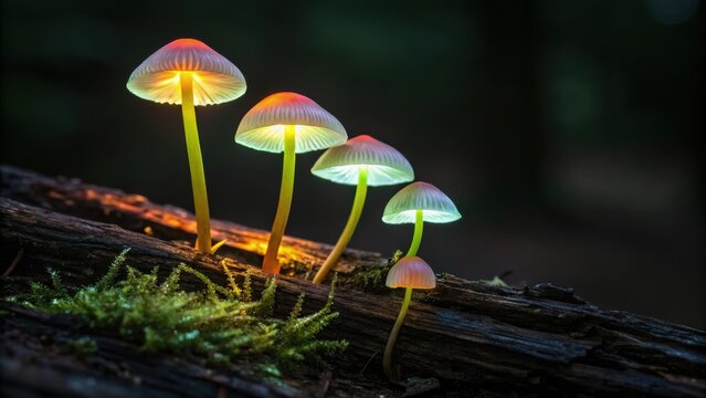 Four glowing mushrooms on a mossy log emit a soft, bioluminescent light in a dark, forested environment.