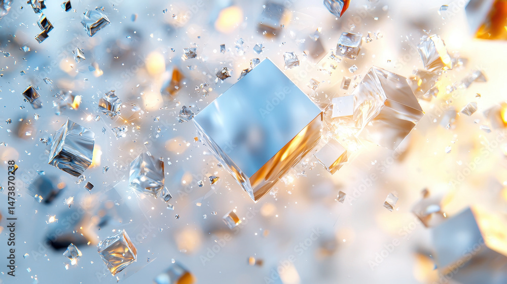 Poster a realistic 4k rende shows fragmented silver elements floating in a 3d space, illuminated with golde
