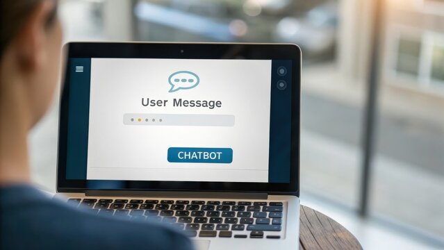A person using a laptop with a chatbot interface on the screen, displaying "User Message" and a chat input box.