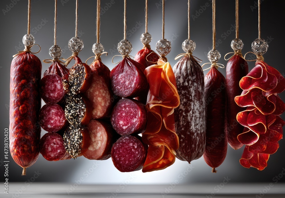 Poster assortment of hanging charcuterie meats displayed on strings with decorative ornaments in a dimly li