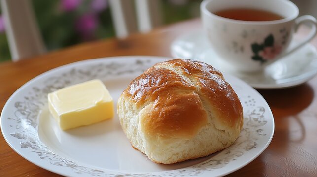 Delicious golden brown bread roll with butter and tea breakfast cup eat hot food meal warm snack