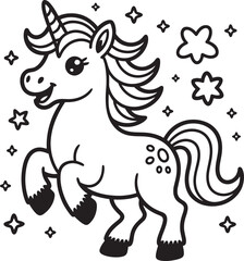 Adorable black and white unicorn with sparkles and stars ready for coloring and creative projects © Laila