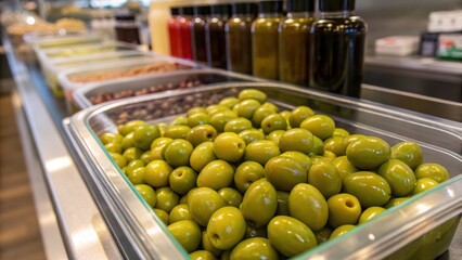 A container of green olives at a salad bar, with various toppings and dressings in the background.