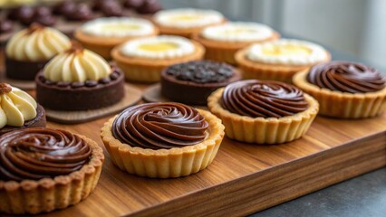 Assorted chocolate and cream tarts neatly arranged on a wooden tray, showcasing rich, decorative swirls and tempting textures.