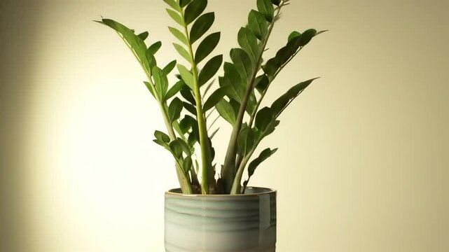 Green Zz Plant with Glossy Leaves in Decorative Pot on Beige Background in Studio Setting with Soft Shadows For Decoration and Minimalist Still Life