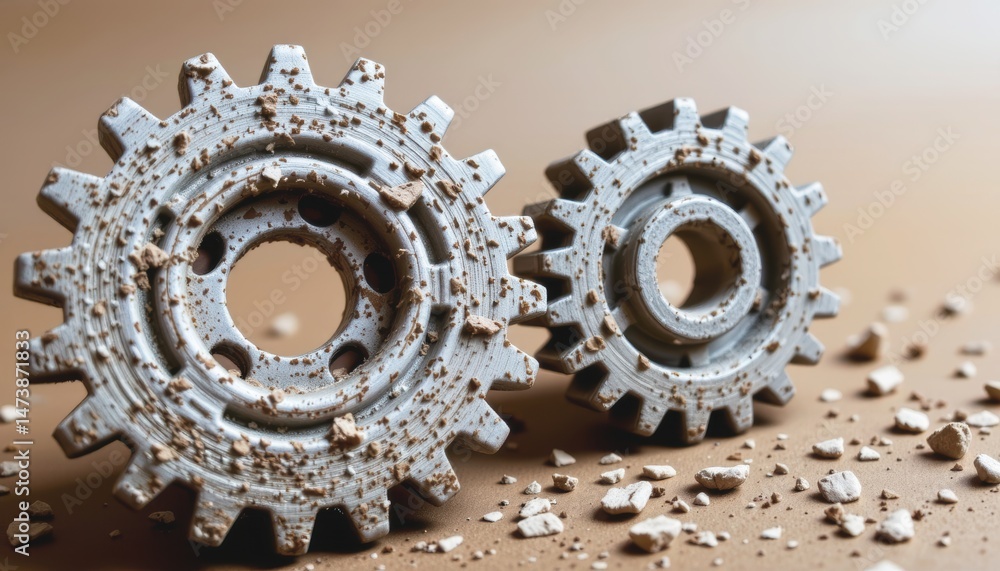 Poster gears on a surface with scattered debris in a close-up view.