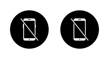 Crossed out phone sign icon on black circle. No cellphone symbol