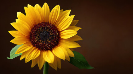 Obraz premium A vibrant sunflower with golden petals and a dark brown center stands in full bloom against a warm brown background, displaying the beauty of nature in a still life.