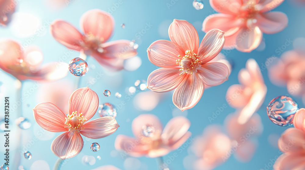 Poster a burst of realistic pink 3d flowers floats gently on a calming blue background in 4k resolution, vi