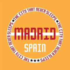 city that never sleeps madrid typography graphic print , Abstract fashion drawing and creative design for t-shirts,mug,graphic tee, sweatshirt, cases, etc. Illustration in modern style for clothes