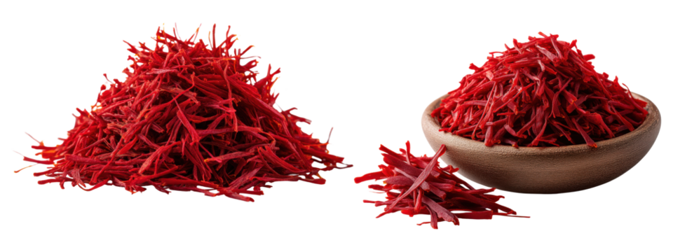 Set of saffron spice piles in various colors, isolated on transparent background