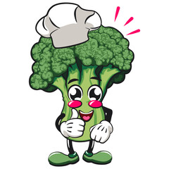 Cute broccoli vegatable vektor illustration mascot character as chef give thumbs up, work of hand drawn