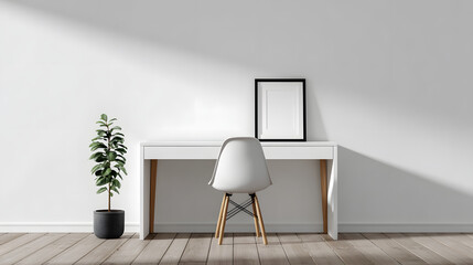 Minimalist White Desk Setup Chair Picture Frame Home Office Workspace Interior Design Modern Furniture Study Area Clean Lines Simple Decor
