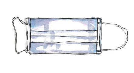 First aid kit. Watercolor image of a medical fabric mask for respiratory protection in blue with elastic bands. Isolated illustration on a white background for your design.