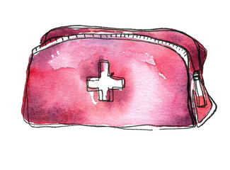 First aid kit. Watercolor image of a raspberry-colored zip-lock bag for medicines and first aid items. Hand drawn illustration on a white background for your design