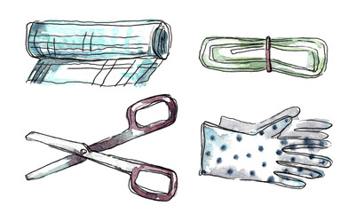 Medical instruments. Watercolor image of first aid items on a road trip. Scissors, blue bandage, tourniquet and sterile gloves. Hand drawn image for your design