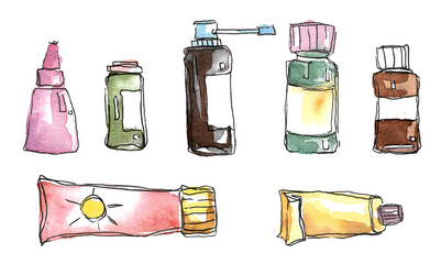 Medicines. Set of watercolor images of bottles and tubes, vials and phials with medicines and mixtures. Hand-drawn illustration on a white background for your design