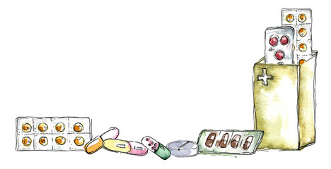 Medicines. Watercolor border with the image of various types of tablets and pills, opened and in blisters. Hand drawn on white background for design of advertisement, poster, placard, advertisement