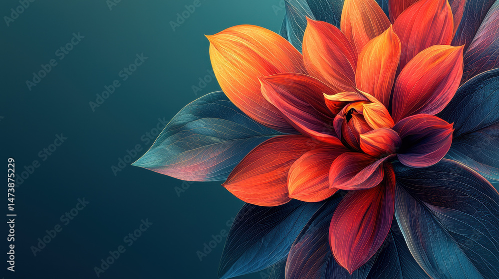 Poster a realistic 4k 3d floral background abstraction displays vivid orange and red petals with side angle