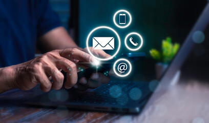 CONTACT US concept. Chatbot conversation assistant. Person using online customer service with chat bot to get support. Artificial intelligence and CRM software technology, customer support center.