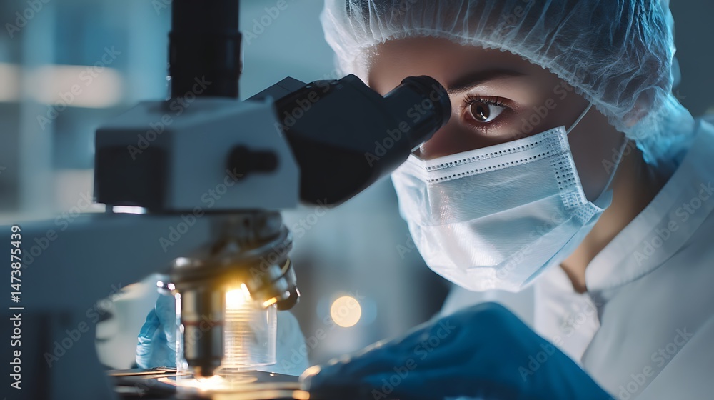 Poster scientist studying a sample with microscope in lab
