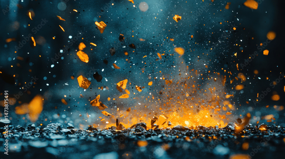 Poster a dynamic 4k 3d background displays expressive visuals of an explosion with flying debris, creating 