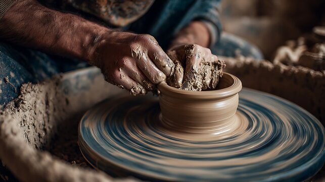 Potter shaping clay on a pottery wheel
