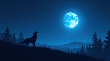 Fototapeta premium Lone Wolf Howling at a Bright Celestial Body Under a Starry Night Sky in a Silhouetted Landscape