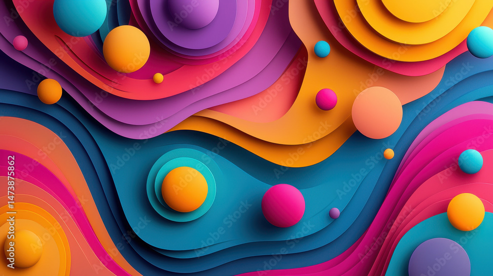 Poster an expressive 3d background features vibrant layered patterns with realistic depth, rendered in 4k r
