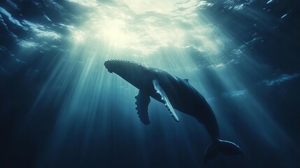 Fototapeta premium Majestic humpback whale underwater sunlight ocean deep blue wildlife nature sea sea dark rays calm